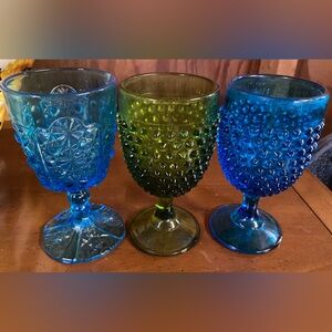 Vintage Blue and Green Blue Goblet Hobnail glasses Assortment
